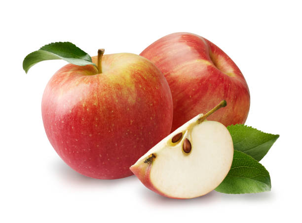 istock Beautiful two red apples with apple leaves and apple slice isolated on white background. 1230006249