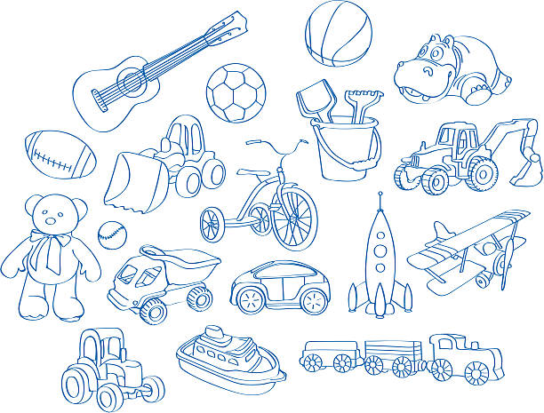 boy's toys Sketch, drawing of a bunch of boy's toys. Can be used as background or separate elements. sand pail and shovel stock illustrations