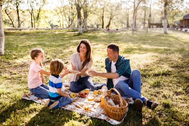 Happy family enjoying on a picnic at the park while mother is giving them cookies for snack.