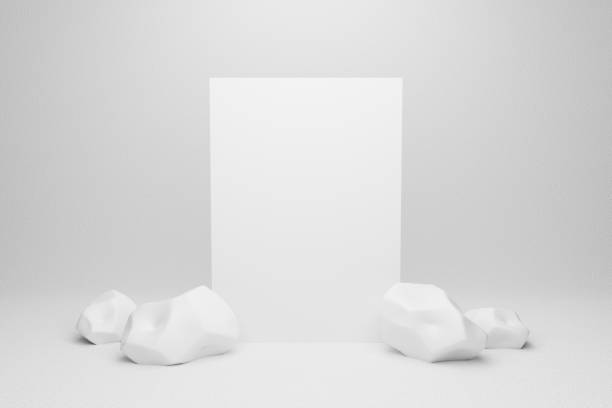 istock 3d white paper isolated on white background. a4 mockup poster wall. Minimal interior. 3d rendering design for banner, document, presentation on website. Blank paper sheet with rocks. 1230120088