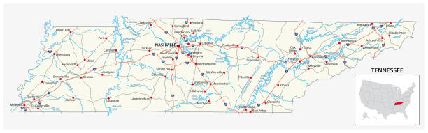 ilustrações de stock, clip art, desenhos animados e ícones de road map of the us american state of tennessee - tennessee map usa nashville