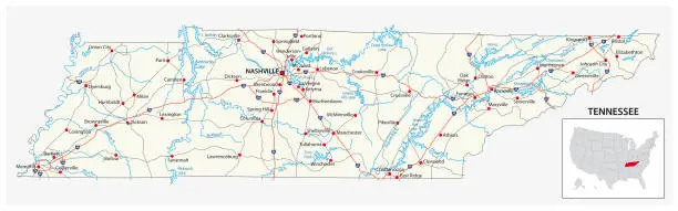 Vector illustration of road map of the US American State of Tennessee