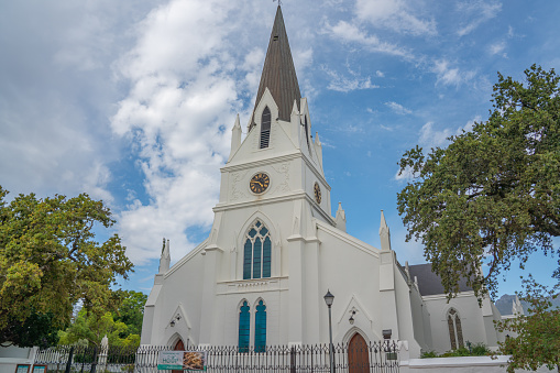 Stellenbosch, South Africa, February 01, 2020. View of the Moederkerk Mother Church, typical Example of inherited Cape Dutch Architecture