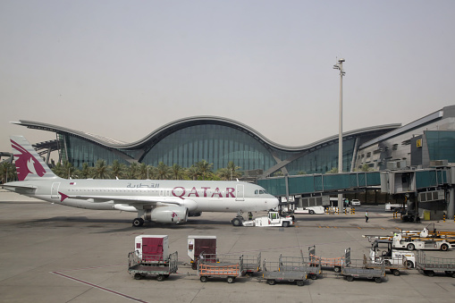 Doha/Qatar - 05/10/2019 : Qatar passinger airplane on the Hamad International Airport