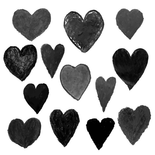 istock Set with black illustrations of heart shape drawn with chalk pastels isolated on white background. 1230282225