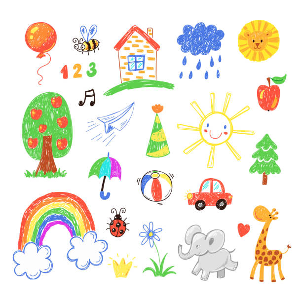 Collection Of Cute Childrens Drawings Of House Toys Animals Nature Objects  Stock Illustration - Download Image Now - iStock