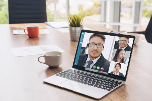 istock Video call business people meeting on virtual workplace or remote office 1230290602