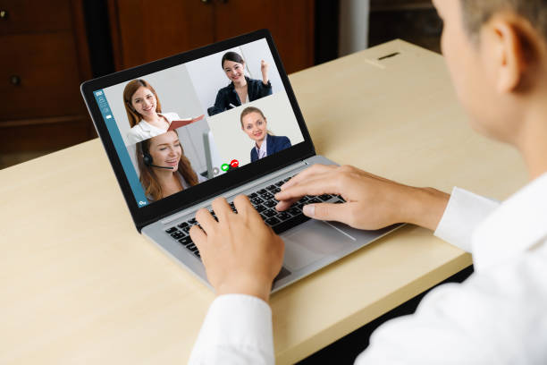 istock Video call business people meeting on virtual workplace or remote office 1230298229