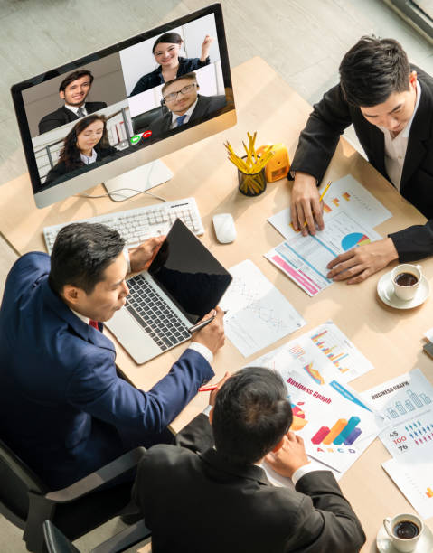 istock Video call group business people meeting on virtual workplace or remote office 1230299082