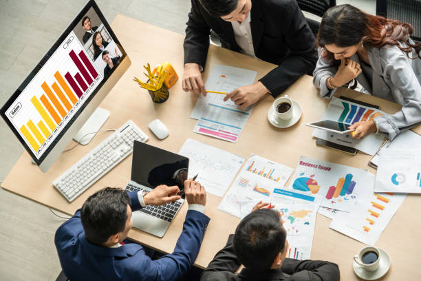 istock Video call group business people meeting on virtual workplace or remote office 1230306918