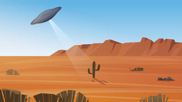 UFO. Flying saucer over the desert. Alien spacecraft sent to investigate Earth. UFO ray. new mexico landscape stock illustrations