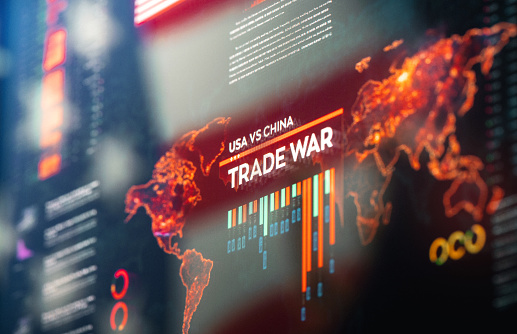 USA against China Global Financial Trade War Background Close-up on Digital Display