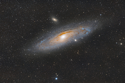 Andromeda Galaxy, Messier 31. The image is a sum image of 30 x 300s at ISO 800 taken with a Nikon D750 (not astromodified) on my own telescope (Meade ED 80) on August 30, 2019. All processed data was obtained with own devices.