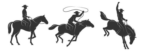 illustrazioni stock, clip art, cartoni animati e icone di tendenza di cowboy cavalca un cavallo e lancia un lazo - cowboy horse lasso rodeo