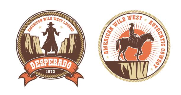 westamerikanisches emblem mit cowboy-bandit und reiter - desperado stock-grafiken, -clipart, -cartoons und -symbole