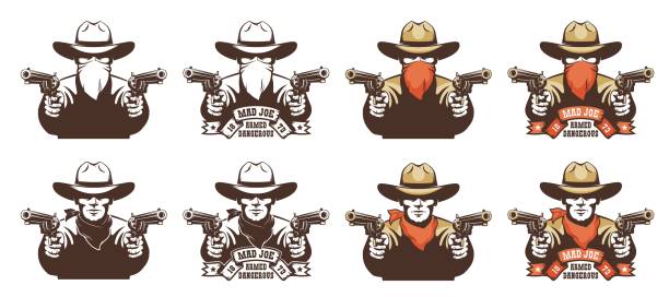 Cowboy bandit from the wild west with guns in his hands. Robber in a cowboy hat with pistols and bandana mask on his face. Isolated vector illustration.