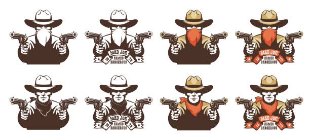 Cowboy bandit from the wild west with guns in his hands Cowboy bandit from the wild west with guns in his hands. Robber in a cowboy hat with pistols and bandana mask on his face. Isolated vector illustration. wanted poster illustrations stock illustrations