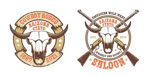 illustrations, cliparts, dessins animés et icônes de emblème rétro occidental - crâne de buffle avec des fusils croisés - animal skull horned wild west skull