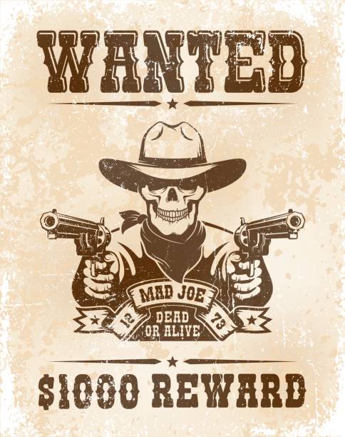 gesuchtes poster mit schädel cowboy mit pistolen - wanted poster stock-grafiken, -clipart, -cartoons und -symbole