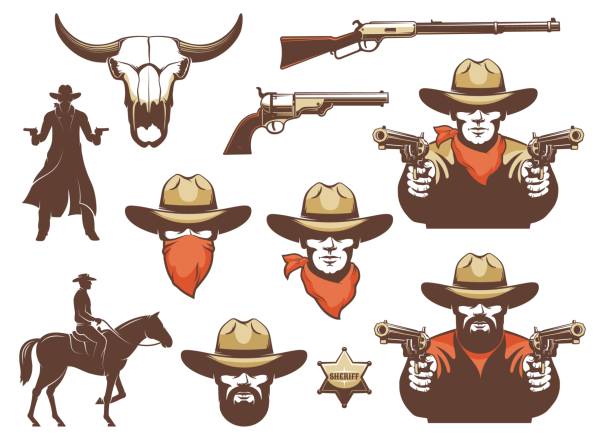 illustrations, cliparts, dessins animés et icônes de cowboy sauvage de l’ouest et des armes et des éléments de conception - bandit