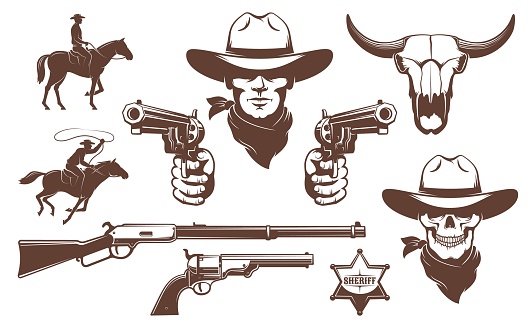 Cowboy Wild West retro design elements. Bandit cowboy skull with guns. Vector illustration.