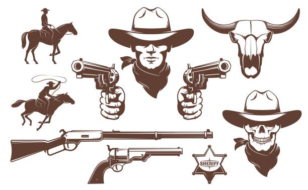 Cowboy Wild West retro design elements Cowboy Wild West retro design elements. Bandit cowboy skull with guns. Vector illustration. bull head man stock illustrations