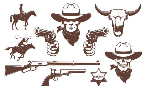 Cowboy Wild West retro design elements Cowboy Wild West retro design elements. Bandit cowboy skull with guns. Vector illustration. handgun stock illustrations