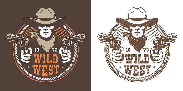 Cowboy with guns - wild west vintage badge. Bandit cowboy with pistol in a hat - retro emblem. Vector illustration.