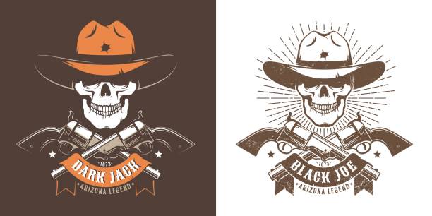 Cowboy skull with crossed guns Cowboy skull with crossed guns - wild west retro badge. Bandit cowboy skull retro emblem with pistols and ribbon. Vector illustration. colts stock illustrations