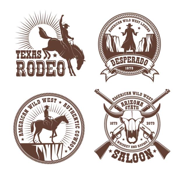 ilustraciones, imágenes clip art, dibujos animados e iconos de stock de cowboy salvaje oeste rodeo vintage insignia - animal skull cow animals in the wild west