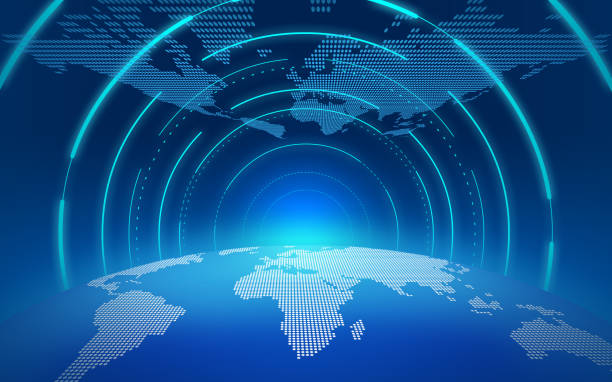 istock Blue digital earth dawn channel, tunnel, internet technology background. 1230401900