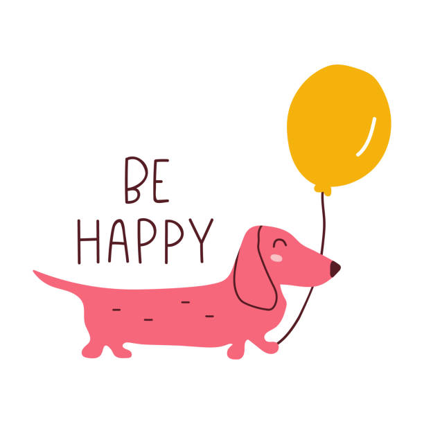 Be happy. Dachshund with air balloon. Birthday concept. Hand drawn funny vector illustration for greeting card, t shirt, print, stickers, posters design. dachshund stock illustrations