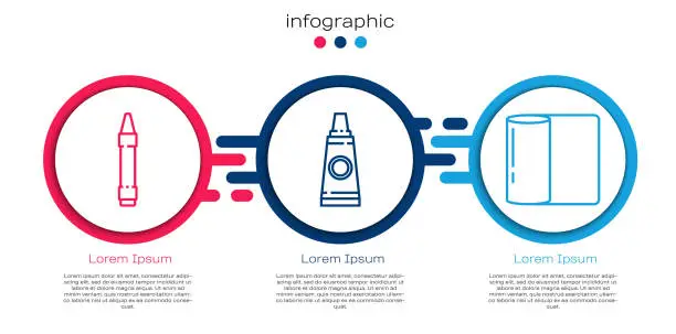 Vector illustration of Set line Wax crayons for drawing, Tube with paint palette and Paper towel roll. Business infographic template. Vector