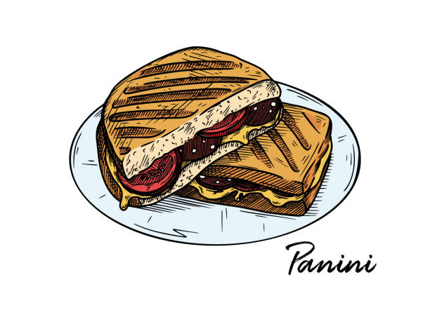 Panini isolated on white background. Sketch Italian dishes. Vector illustration in sketch style. Panini isolated on white background. Sketch Italian dishes. Vector illustration in sketch style. panino stock illustrations