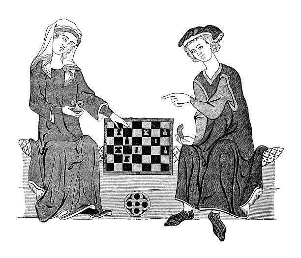 antyczny grawerunek z para gra w szachy - marquises stock illustrations