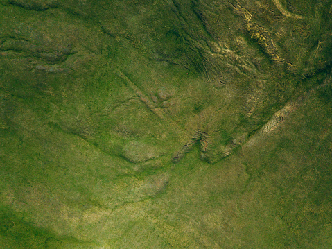 Aerial landscape of a green field, top view of beautiful nature texture from drone