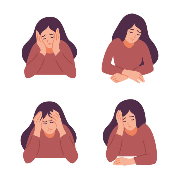 ilustraciones, imágenes clip art, dibujos animados e iconos de stock de una mujer está teniendo dolor de cabeza. la chica siente ansiedad y depresión. concepto de salud psicológica. nervios, apatía, tristeza, tristeza, tristeza, infeliz, desesperada, migraña. ilustración vectorial plana. - teenage girls women beauty loneliness