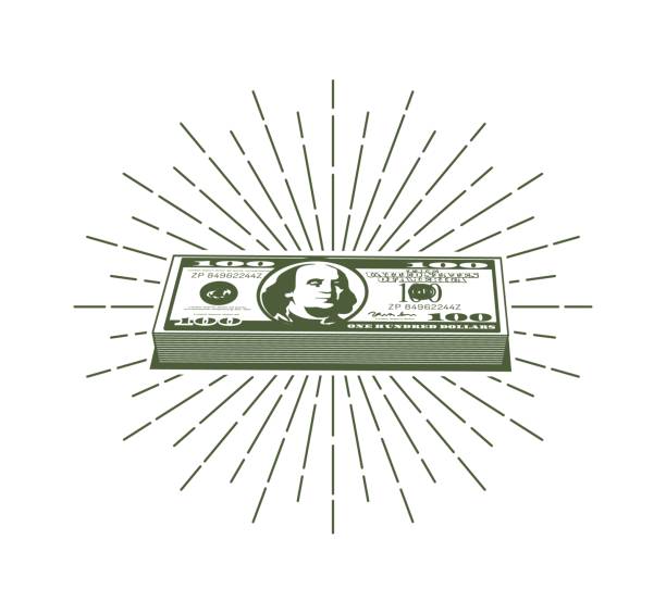 illustrations, cliparts, dessins animés et icônes de paquet de billets de cent dollars et rétro sunburst hipster autour - currency abundance backgrounds banking