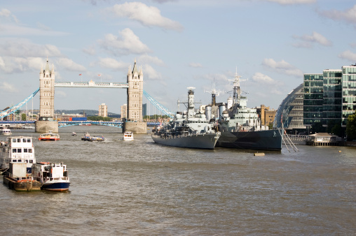 Tower Bridge and HMS Belfast , London, England