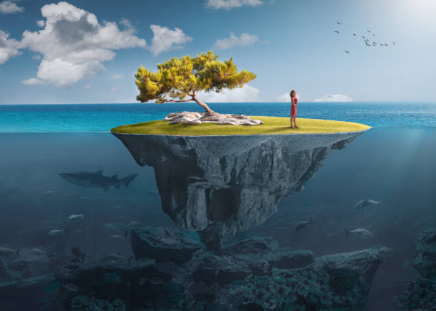 istock Desolate island with lone girl as freedom concept 1230752888