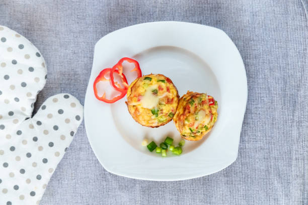 istock Fresh egg omelet muffins on the white dish. Ideas for healthy breakfast. Over the head view - top view. 1230792280