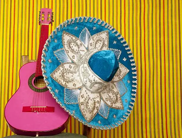 mariachi embroidery mexican hat pink guitar in striped background