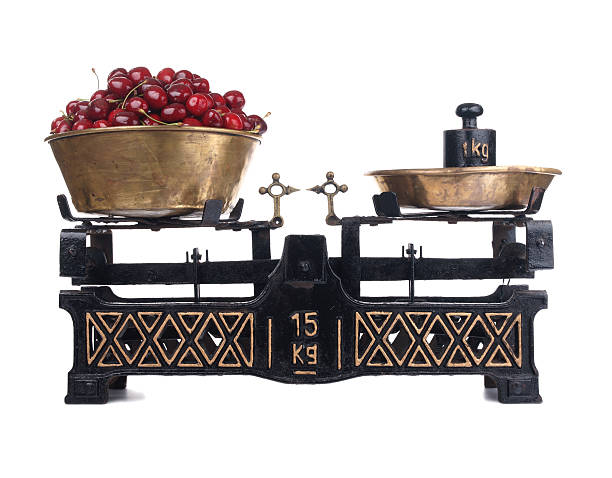 istock Old-fashioned balance scale with cherries isolated on white background 123080637