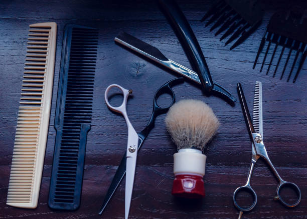 istock Barber shop equipment. Professional hairdressing tools on table. Mens grooming tools 1230829149