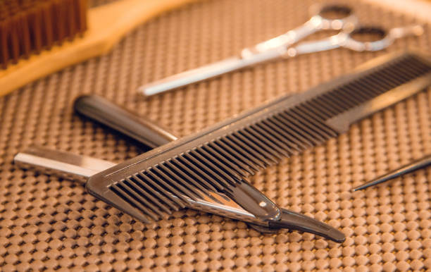 istock Barber shop equipment. Professional hairdressing tools on table. Mens grooming tools 1230840641