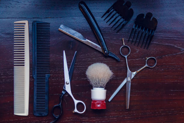 istock Barber shop equipment. Professional hairdressing tools on table. Mens grooming tools 1230844744