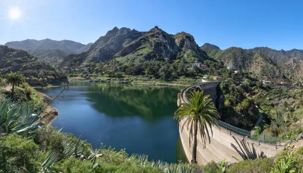 Sunny panorama of the reservoir Embalse de la Encantadora in Vallehermoso in the north of the island of La Gomera, Canary Islands, Spain