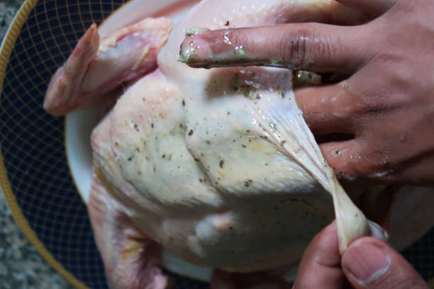 Stock photo of unrecognised man rubbing the butter and herbs under the skin of whole raw chicken to make roast dinner in kitchen worktop in non stick baking tray and ready to cook, Sunday roast dinner with crispy skin, herb stuffing in chicken imagen del hombre no reconocido frotando la mantequilla y las hierbas bajo la piel de pollo entero crudo para hacer la cena asada en la encimera de la cocina en bandeja de hornear sin palo y listo para cocinar, cena asada dominical con piel crujiente, rell