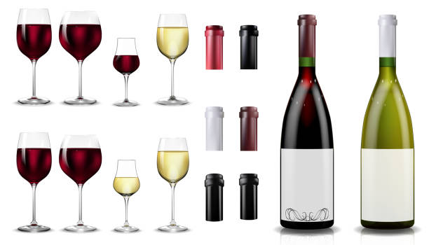 istock Red and white wine bottles and glasses. Realistic mockup 1230920642