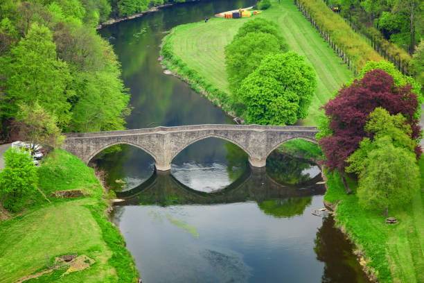 Bouillon, Belgium. High angle view of arch stone bridge Pont de Cordemoy over Semois river